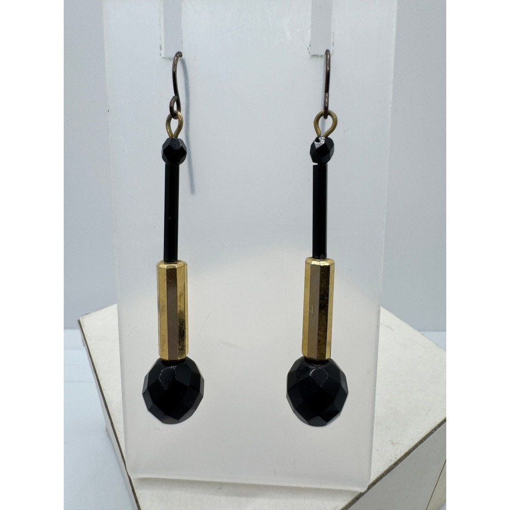 Black Gold Tone Geometric Faceted Bead Drop Dangle Earrings French Wire Hook